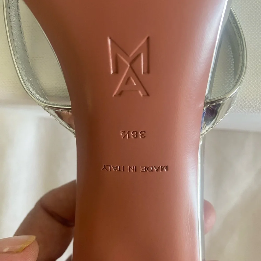 ✨ NEW! Authentic! Amina Muaddi Silver Strappy Heels – Size 38.5 ✨ Mules